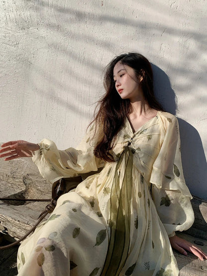 French Vintage Floral Fairy Dress Women Casual Elegant Beach Style Party Dress Chiffon One Piece Dress Korean Women Summer 2024