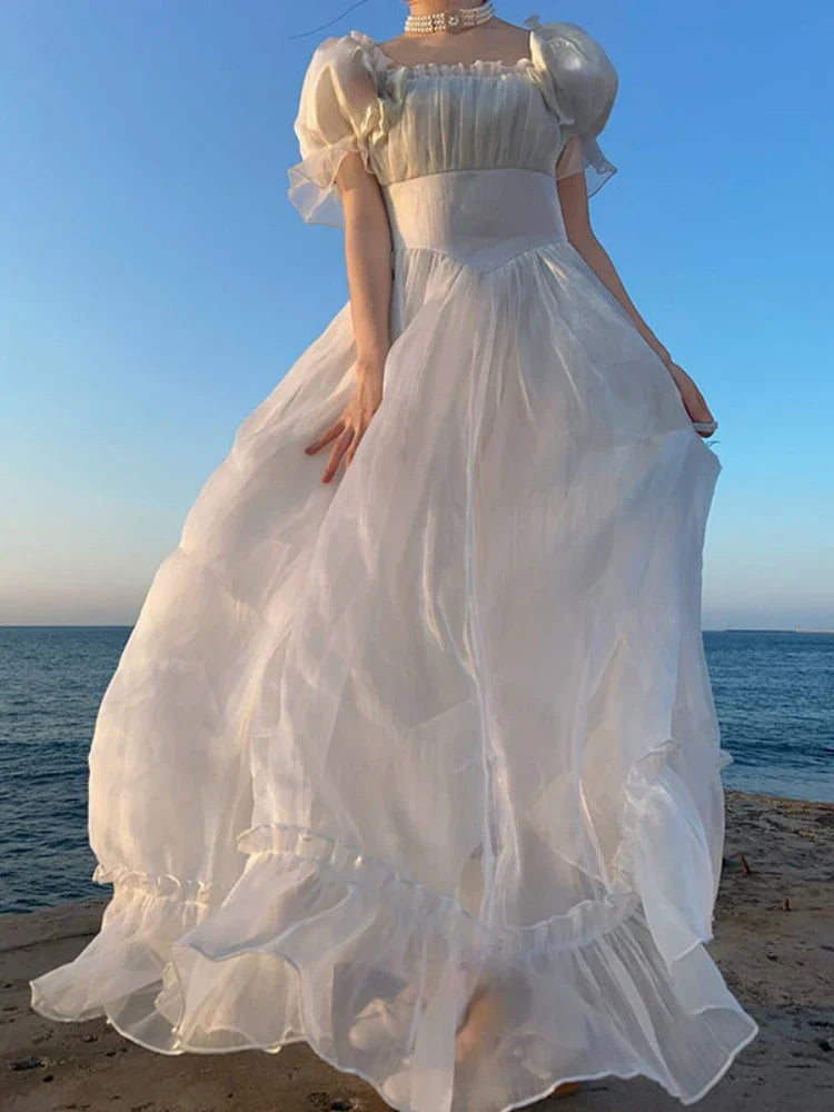 French Elegant Princess White Dress Women Sexy Backless Sweet Vintage Lolita Dress Female 2024 Korean Casual Long Fairy Dresses