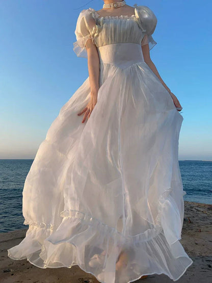 French Elegant Princess White Dress Women Sexy Backless Sweet Vintage Lolita Dress Female 2024 Korean Casual Long Fairy Dresses