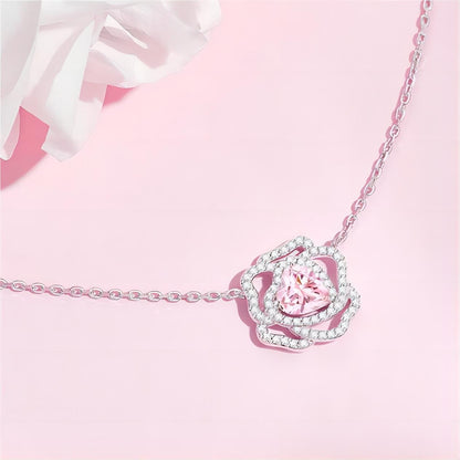 CZ Inlaid Pink Crystal Floral Heart Necklace