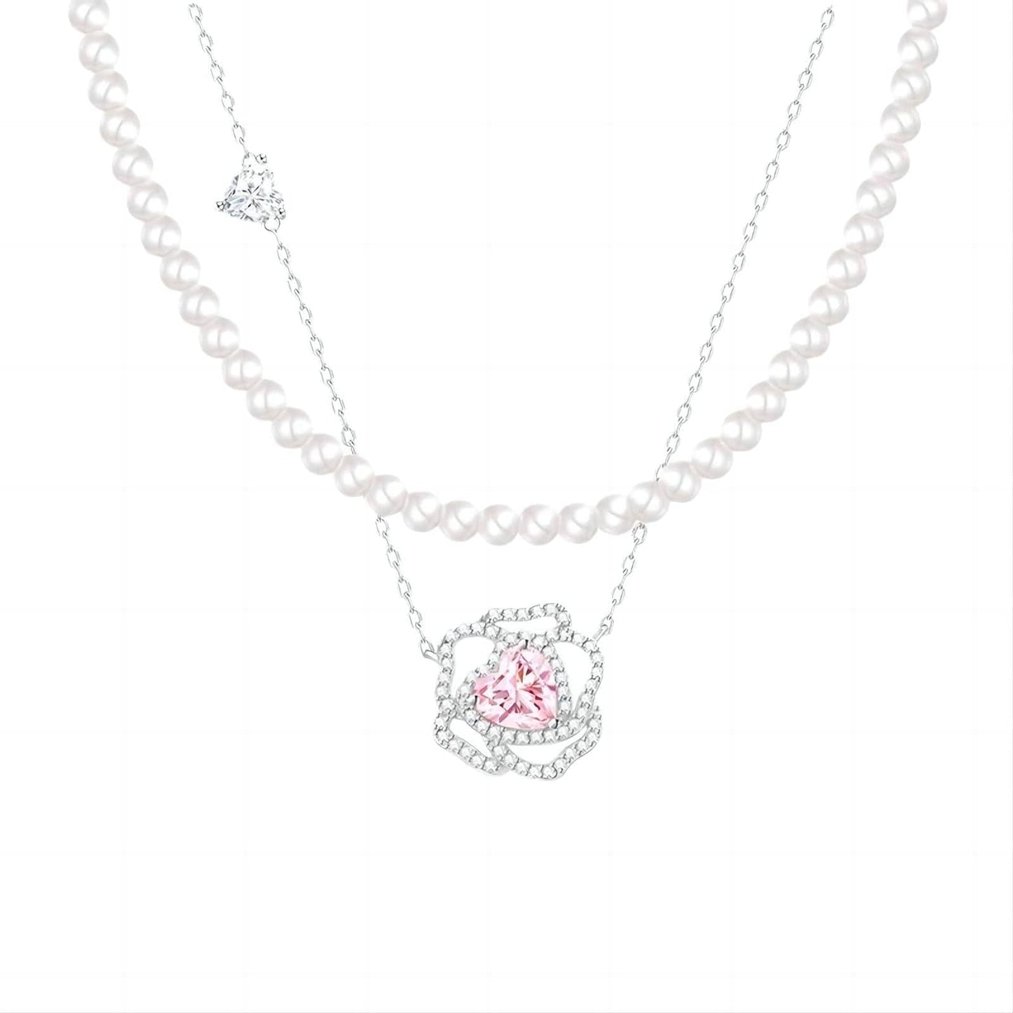 CZ Inlaid Pink Crystal Floral Heart Necklace