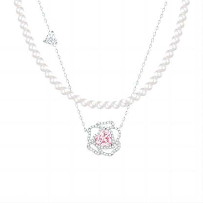 CZ Inlaid Pink Crystal Floral Heart Necklace