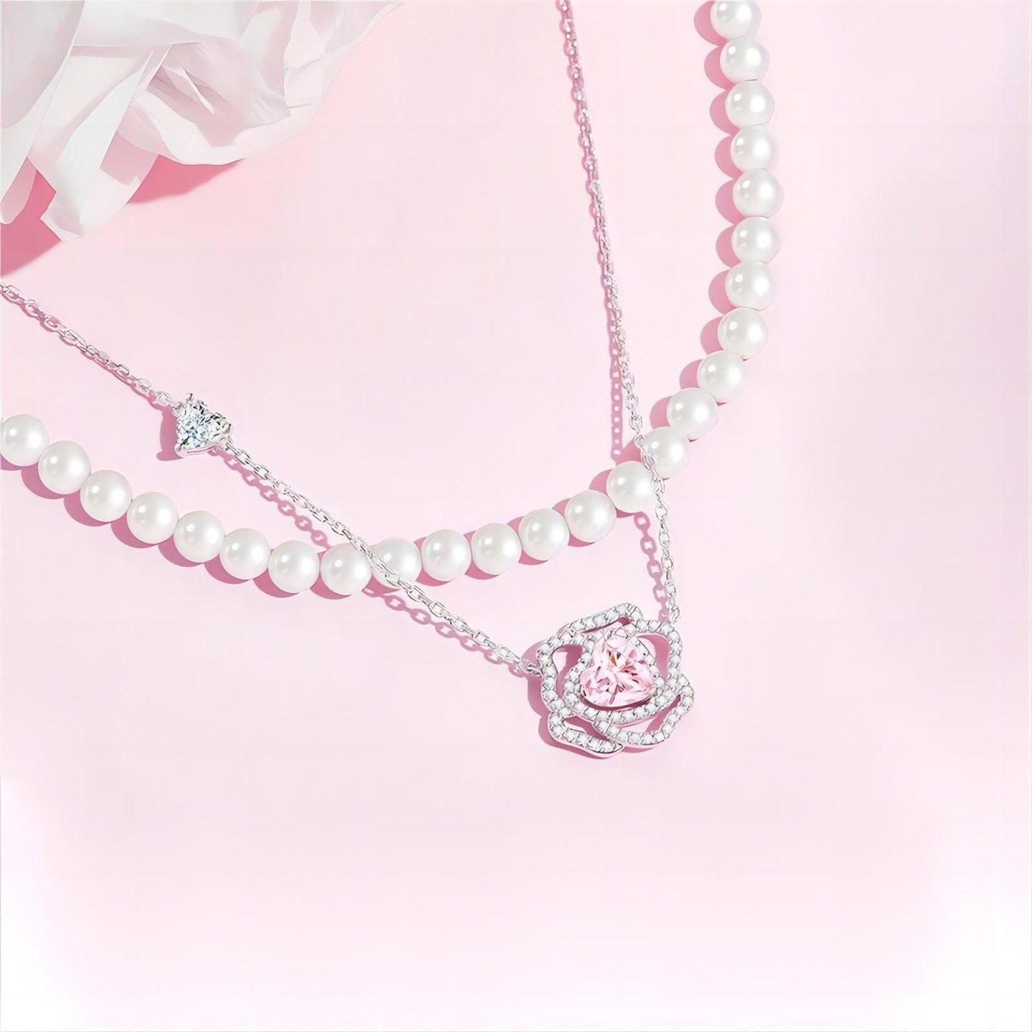 CZ Inlaid Pink Crystal Floral Heart Necklace