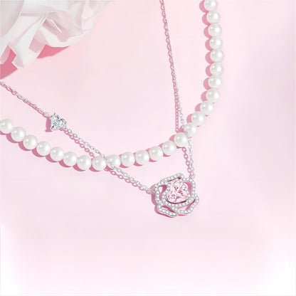 CZ Inlaid Pink Crystal Floral Heart Necklace
