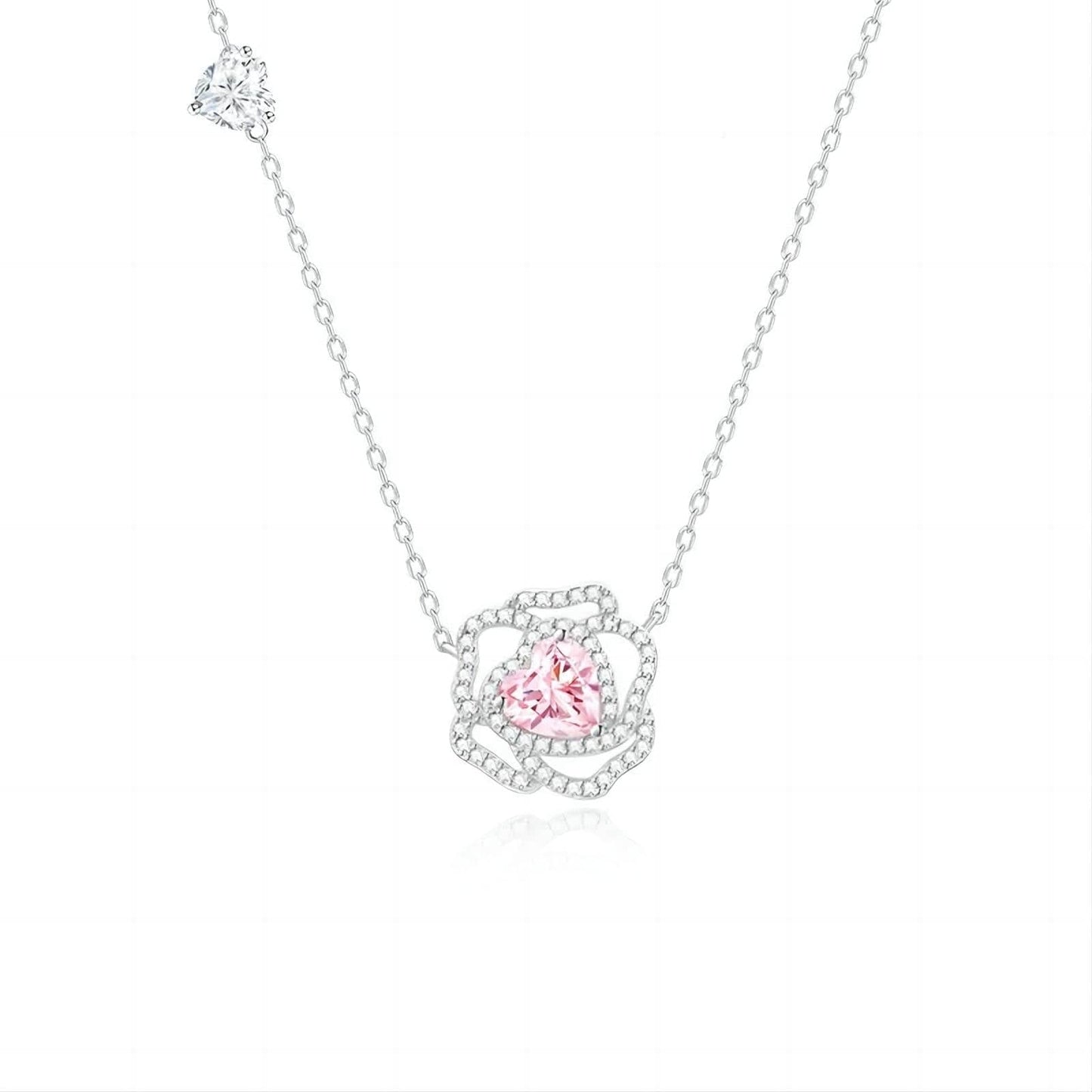 CZ Inlaid Pink Crystal Floral Heart Necklace