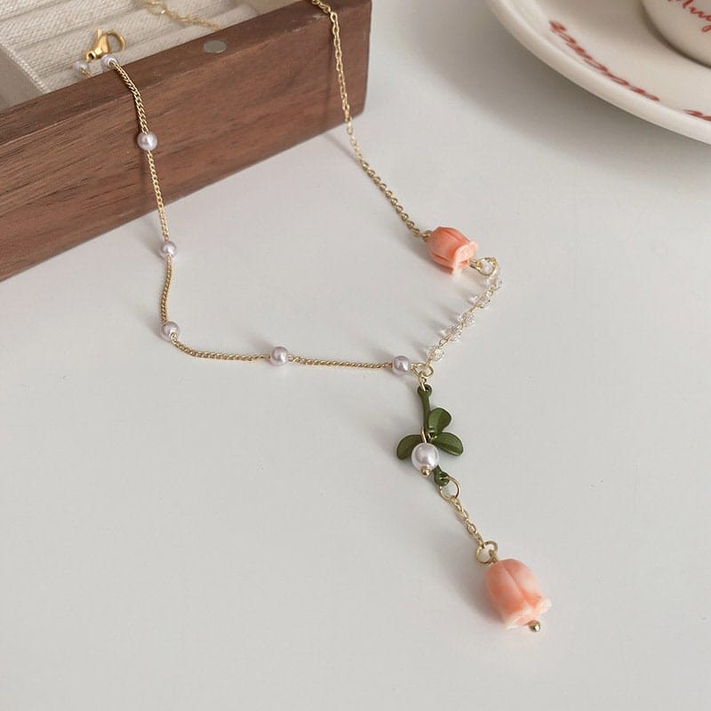 Dainty 24K Gold Filled Pink Tulip Crystal Pearl Chain Necklace Earrings Set