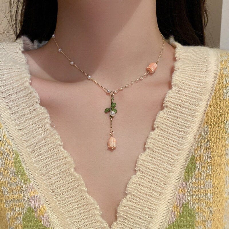Dainty 24K Gold Filled Pink Tulip Crystal Pearl Chain Necklace Earrings Set
