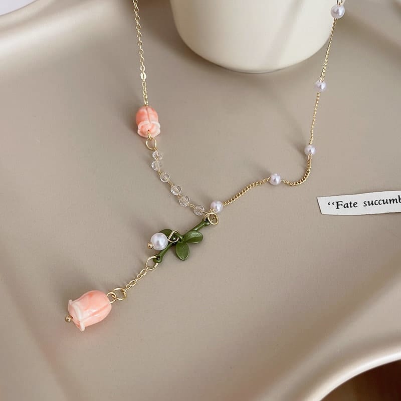 Dainty 24K Gold Filled Pink Tulip Crystal Pearl Chain Necklace Earrings Set