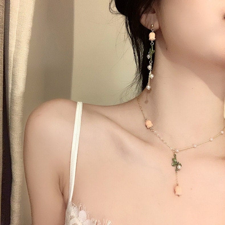 Dainty 24K Gold Filled Pink Tulip Crystal Pearl Chain Necklace Earrings Set