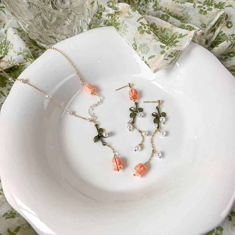 Dainty 24K Gold Filled Pink Tulip Crystal Pearl Chain Necklace Earrings Set