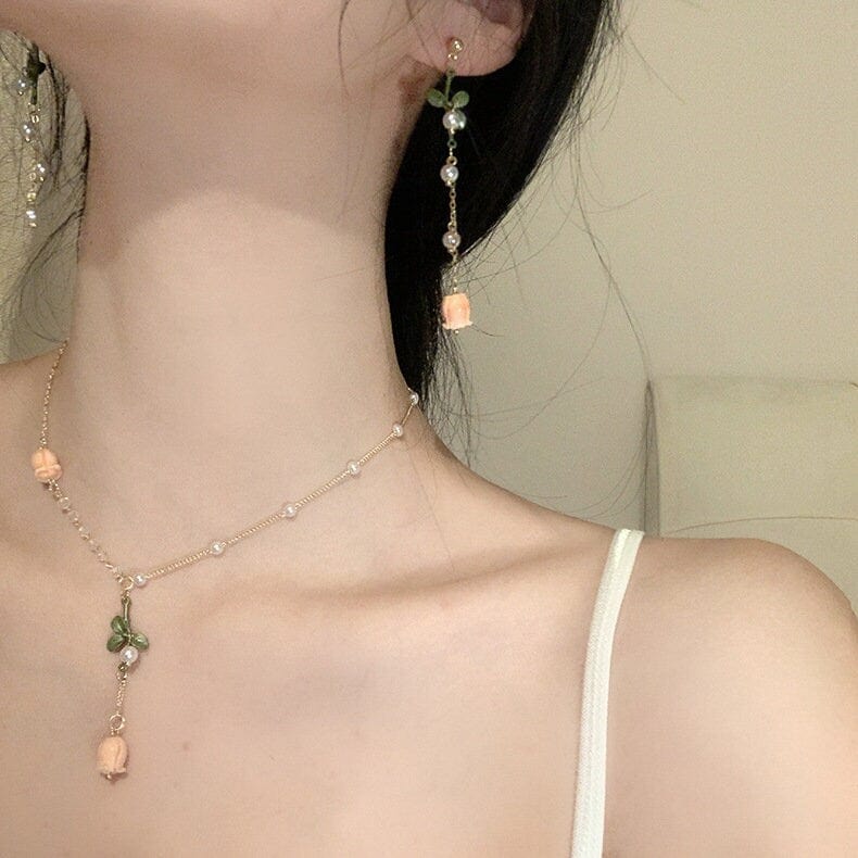 Dainty 24K Gold Filled Pink Tulip Crystal Pearl Chain Necklace Earrings Set