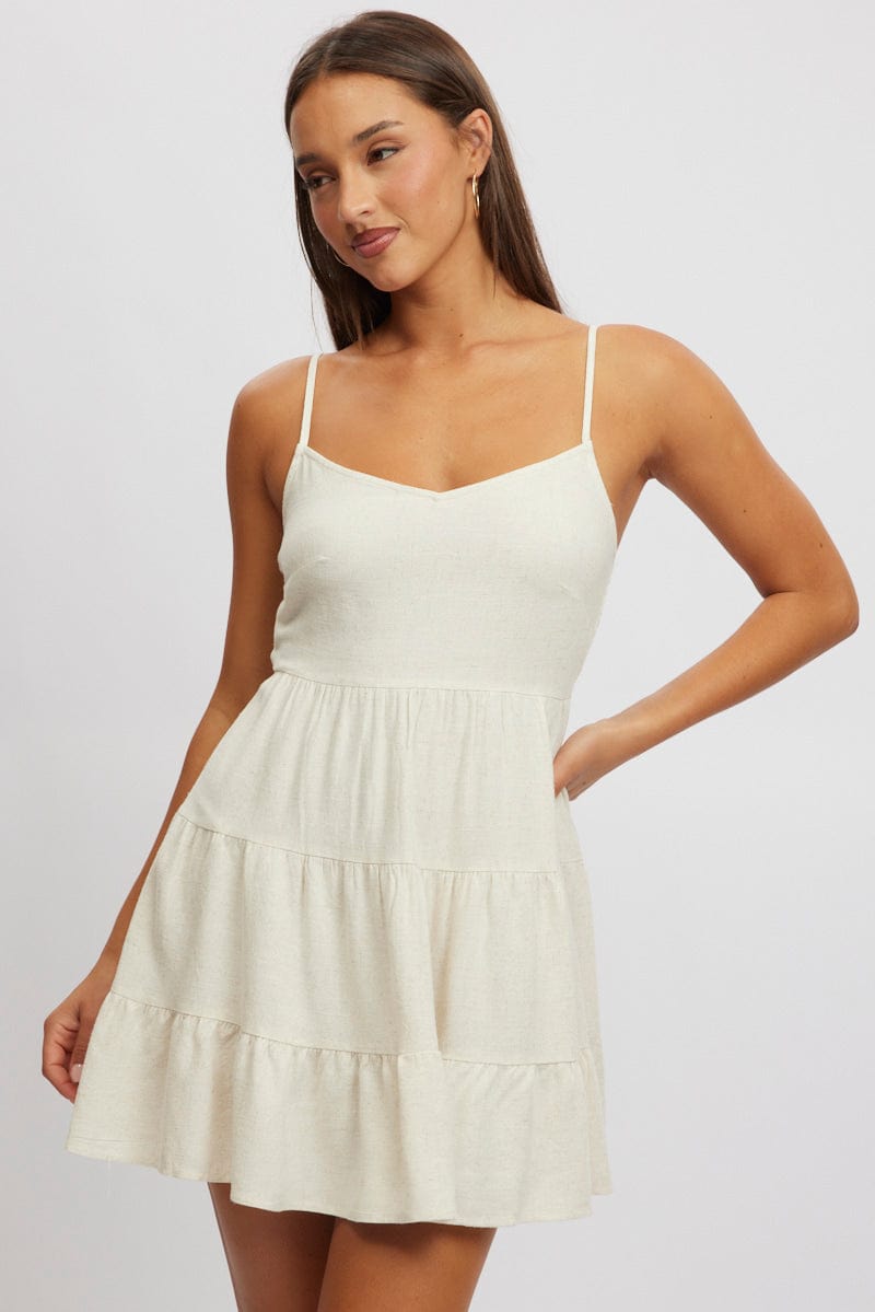 Beige Mini Dress Tiered Strappy