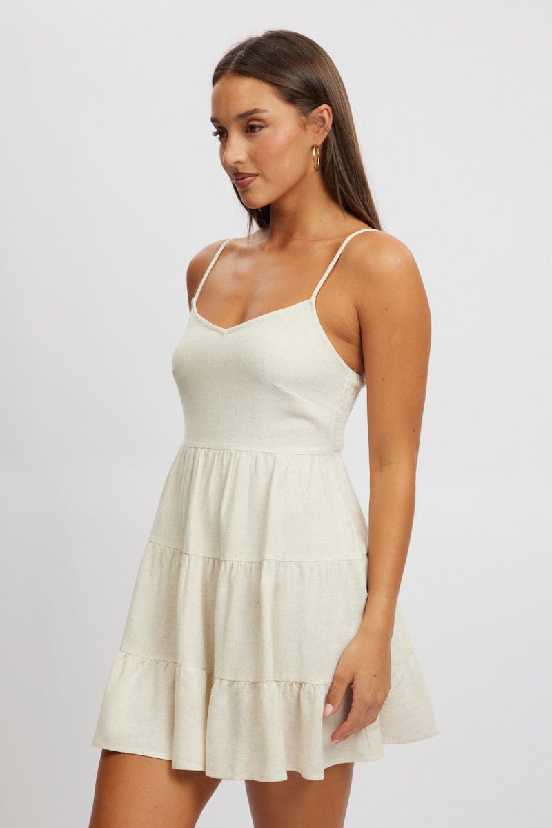 Beige Mini Dress Tiered Strappy