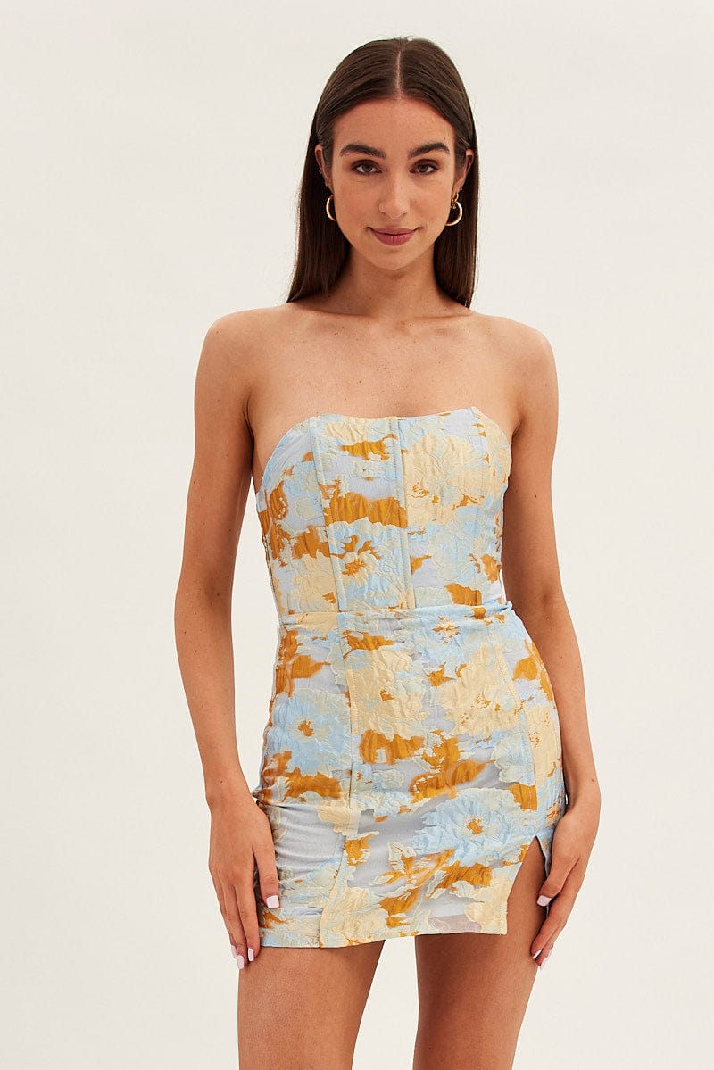 Blue Floral Mini Dress Strapless Bodycon