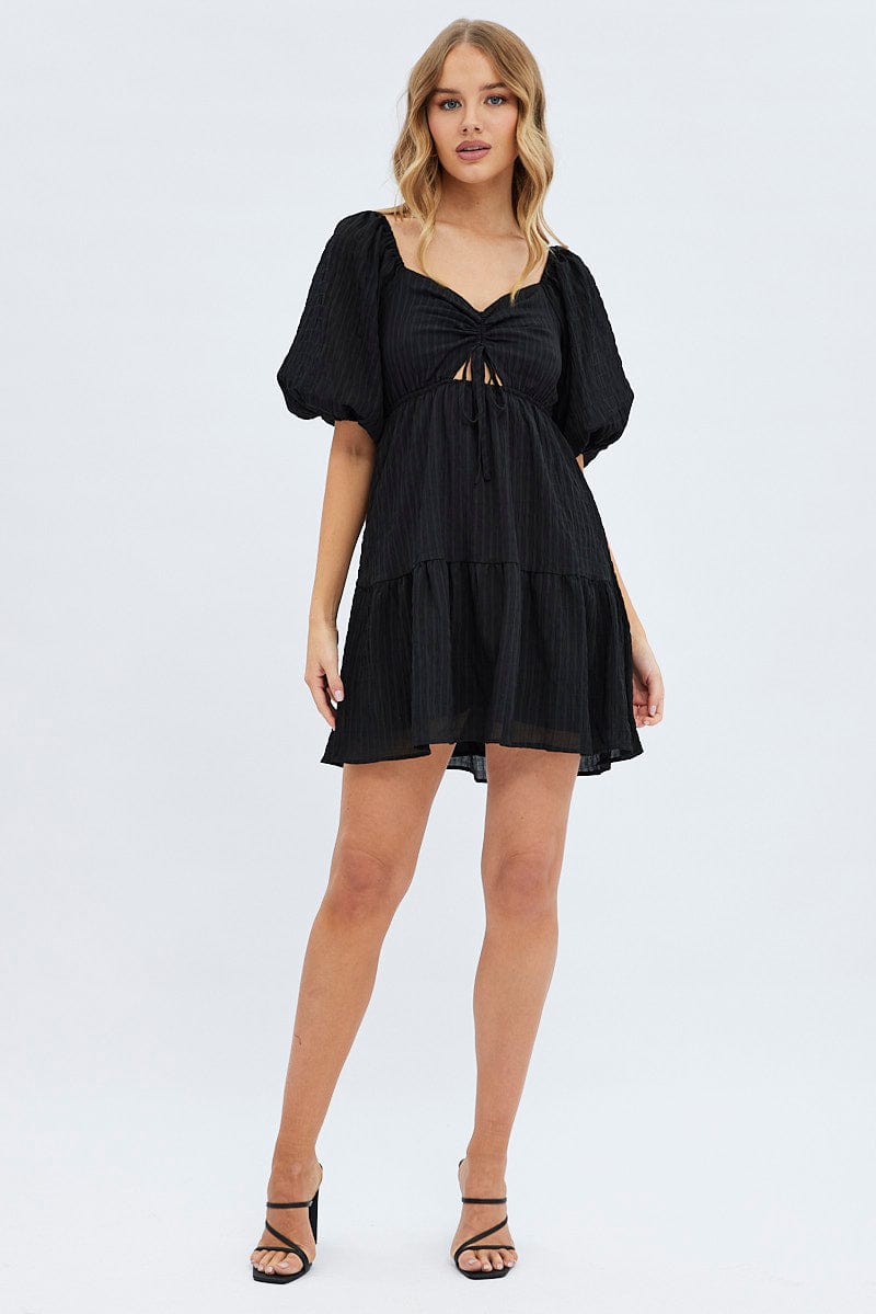 Black Fit And Flare Dress Mini Ruched Bust
