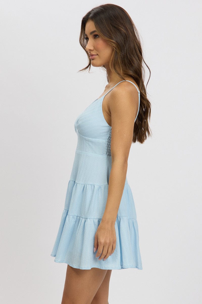 Blue Fit And Flare Dress Mini Textured Fabric