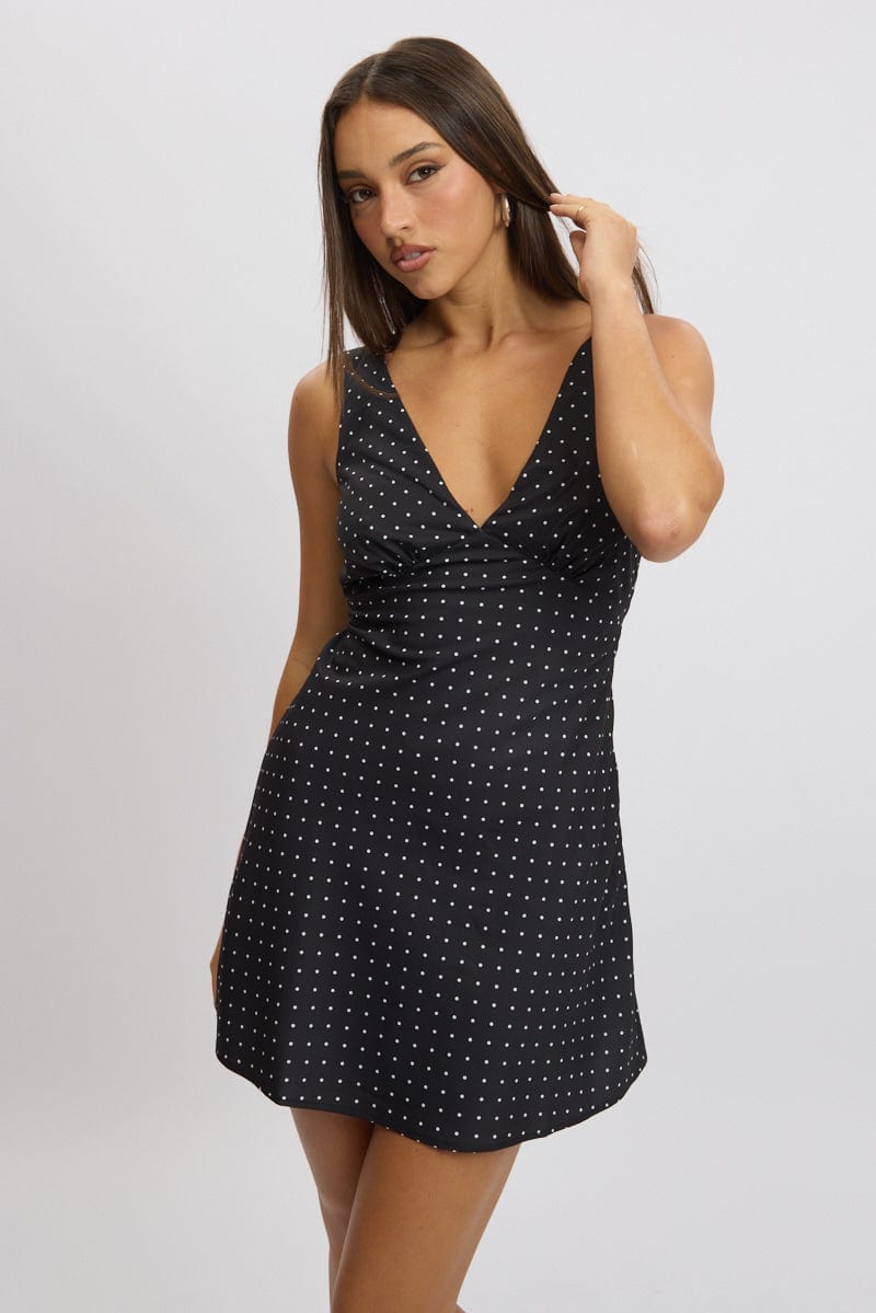 Black Polka Dot A Line Mini Dress Sleeveless