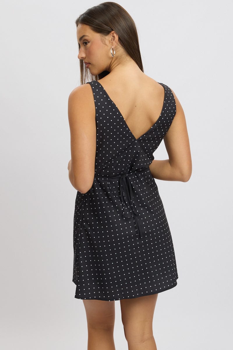 Black Polka Dot A Line Mini Dress Sleeveless