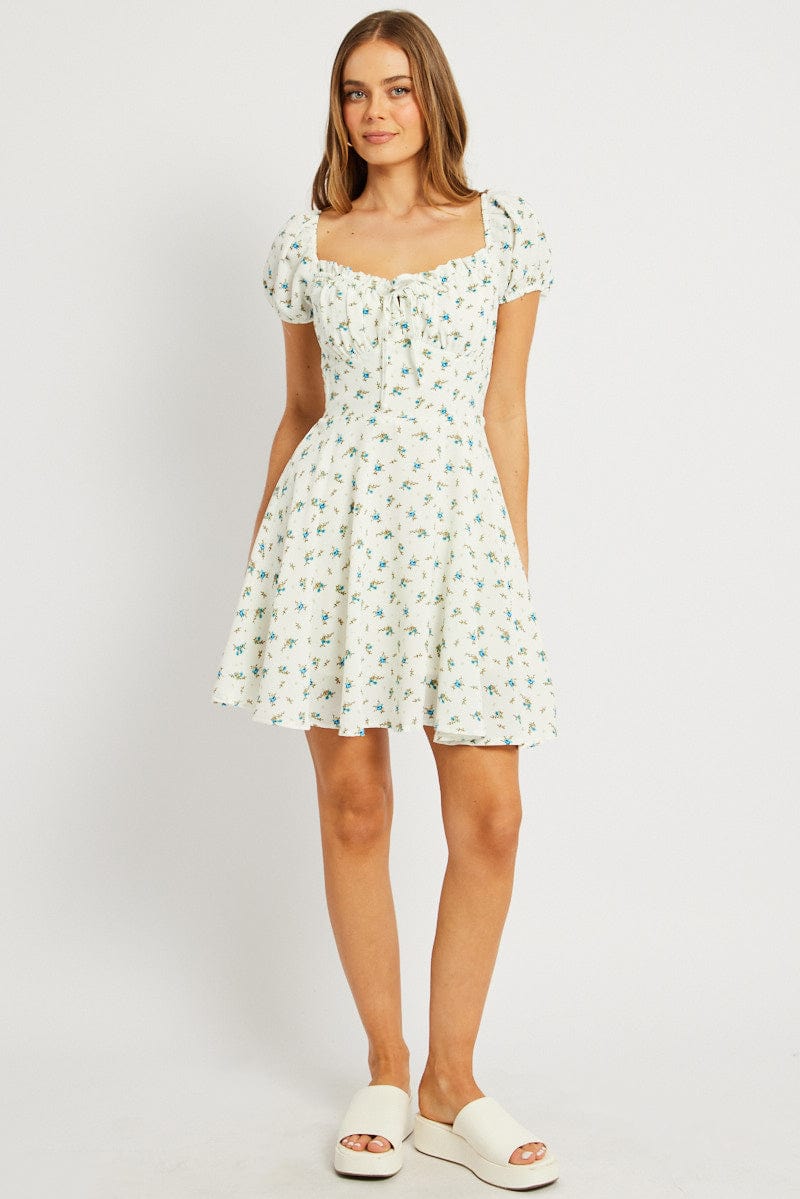 White Ditsy Fit And Flare Dress Mini