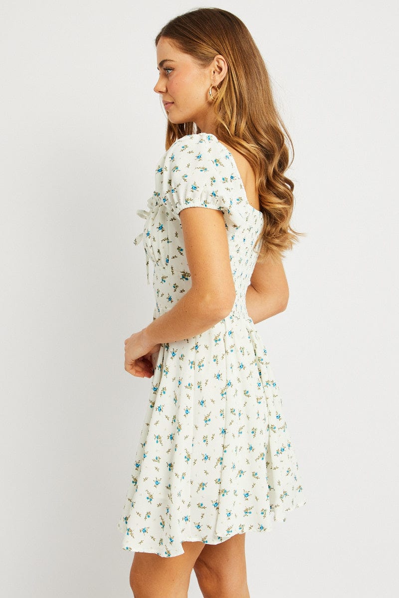 White Ditsy Fit And Flare Dress Mini
