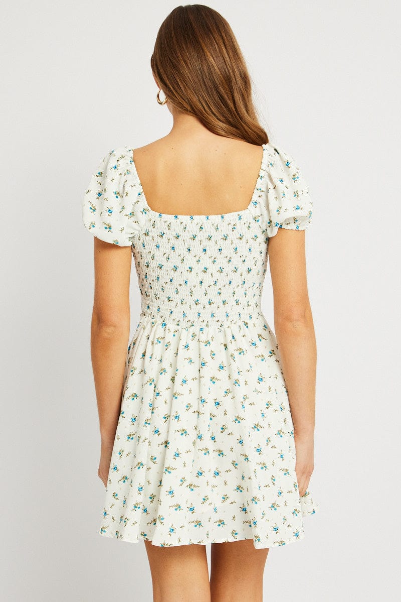 White Ditsy Fit And Flare Dress Mini
