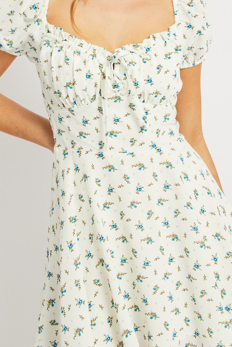White Ditsy Fit And Flare Dress Mini