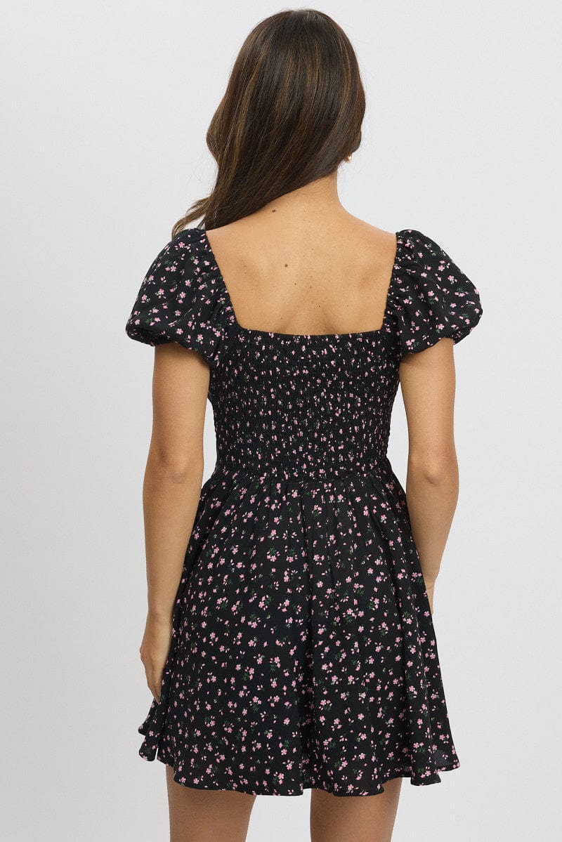 Black Ditsy Fit And Flare Dress Mini