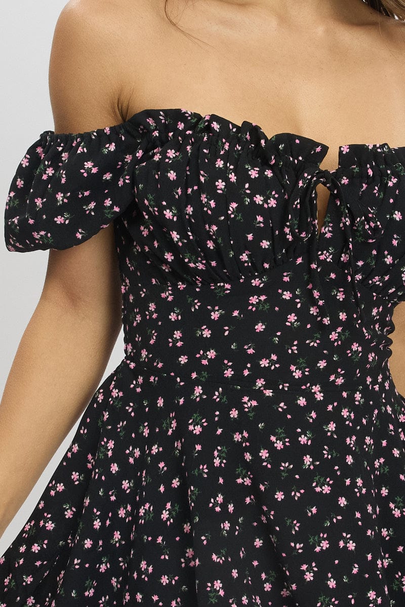 Black Ditsy Fit And Flare Dress Mini