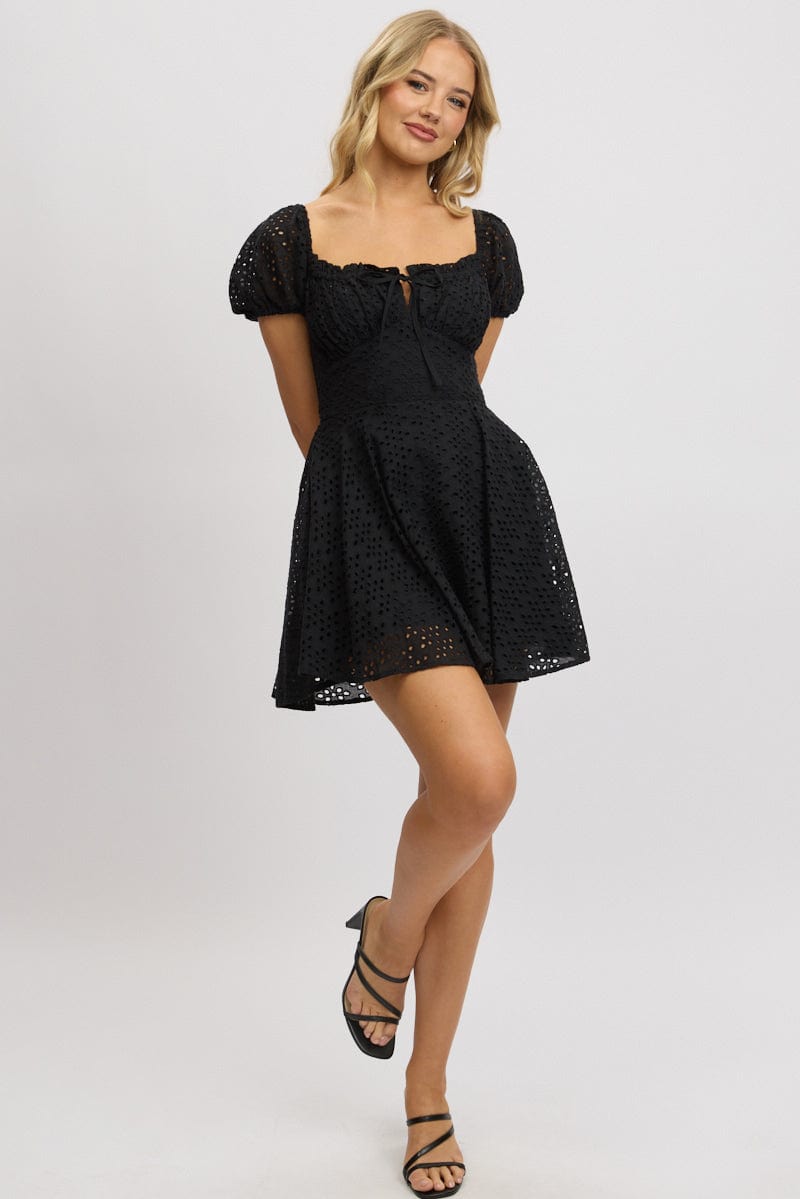 Black Fit And Flare Dress Mini Eyelet Fabric