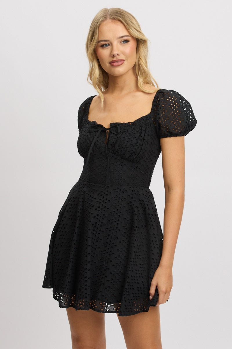 Black Fit And Flare Dress Mini Eyelet Fabric