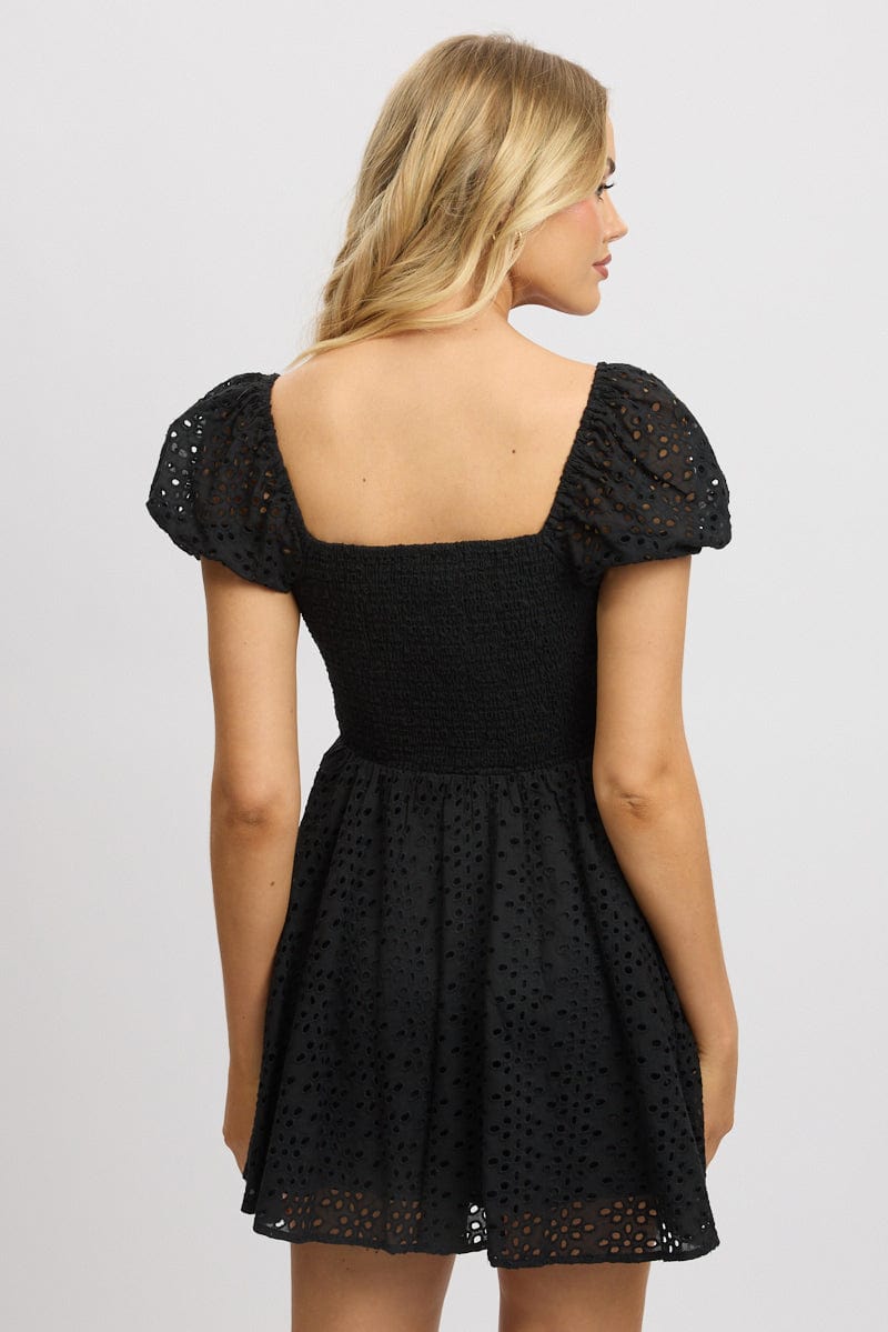 Black Fit And Flare Dress Mini Eyelet Fabric