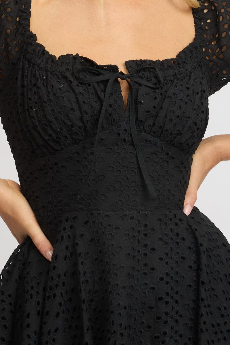 Black Fit And Flare Dress Mini Eyelet Fabric
