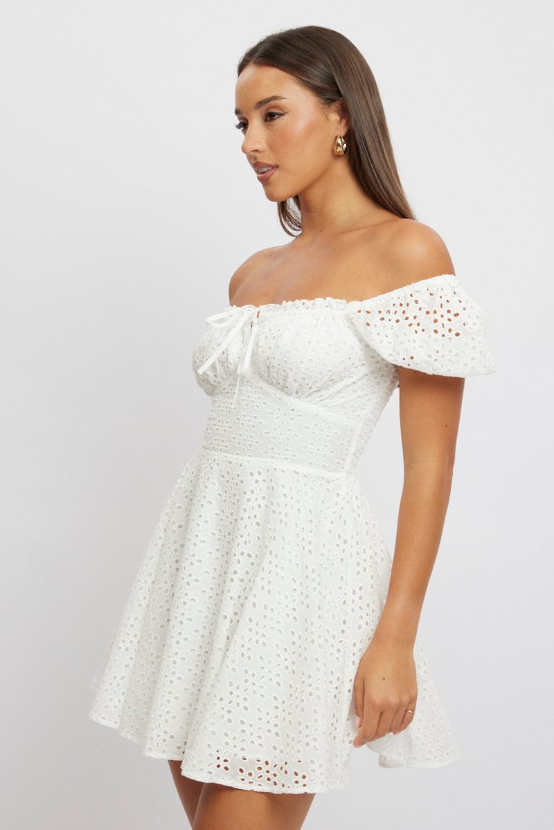 White Fit And Flare Dress Mini Eyelet Fabric