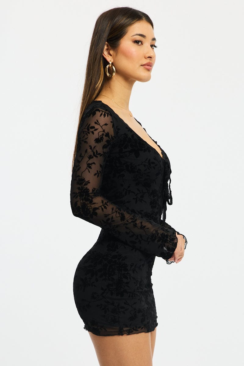 Black Bodycon Dress Mini Long Sleeve Burnout