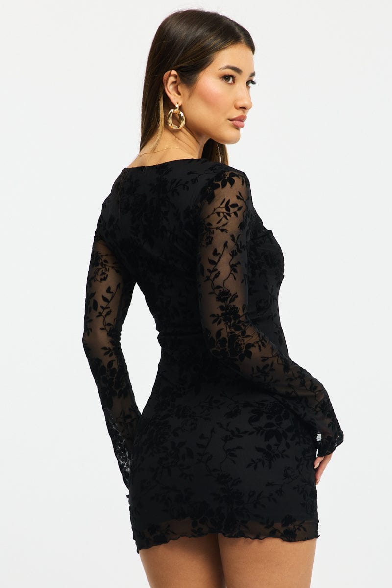 Black Bodycon Dress Mini Long Sleeve Burnout