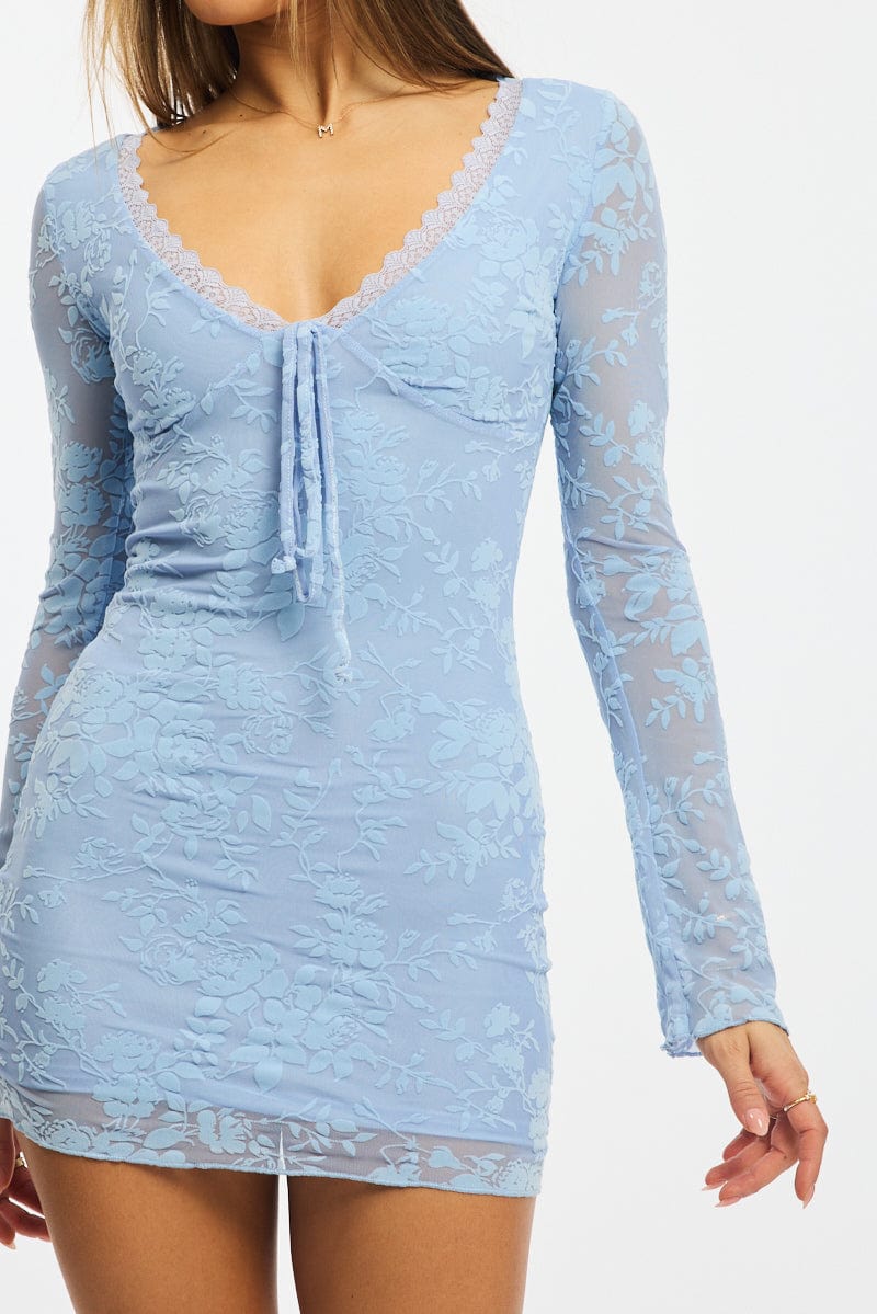 Blue Bodycon Dress Mini Long Sleeve Burnout
