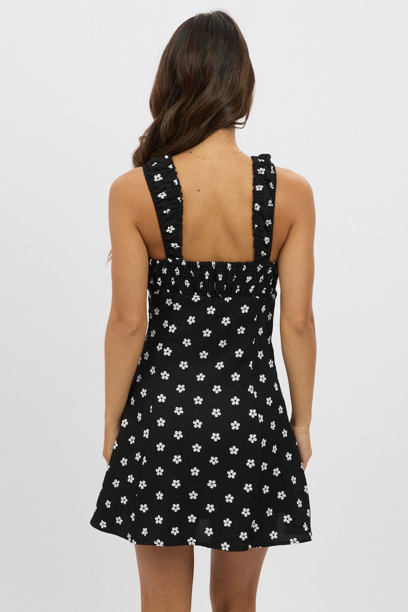 Black Floral Mini Dress Gathered Bust