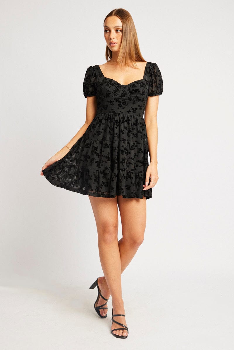 Black Fit And Flare Dress Mini Burn Out
