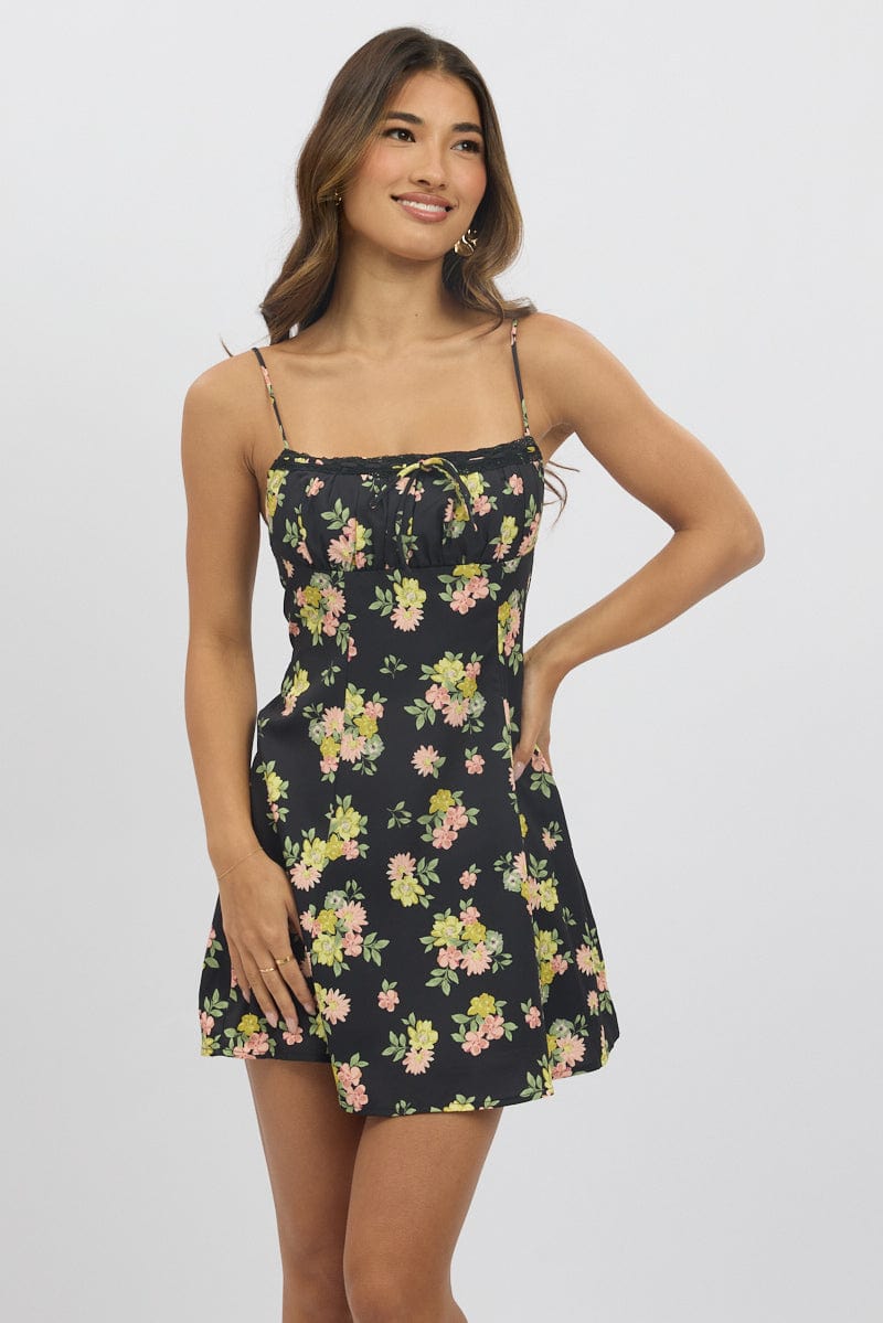 Black Floral Mini Dress Strappy