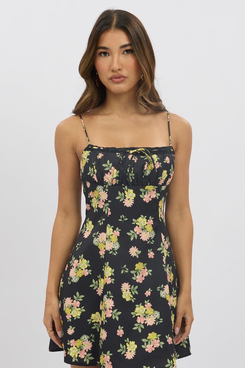 Black Floral Mini Dress Strappy