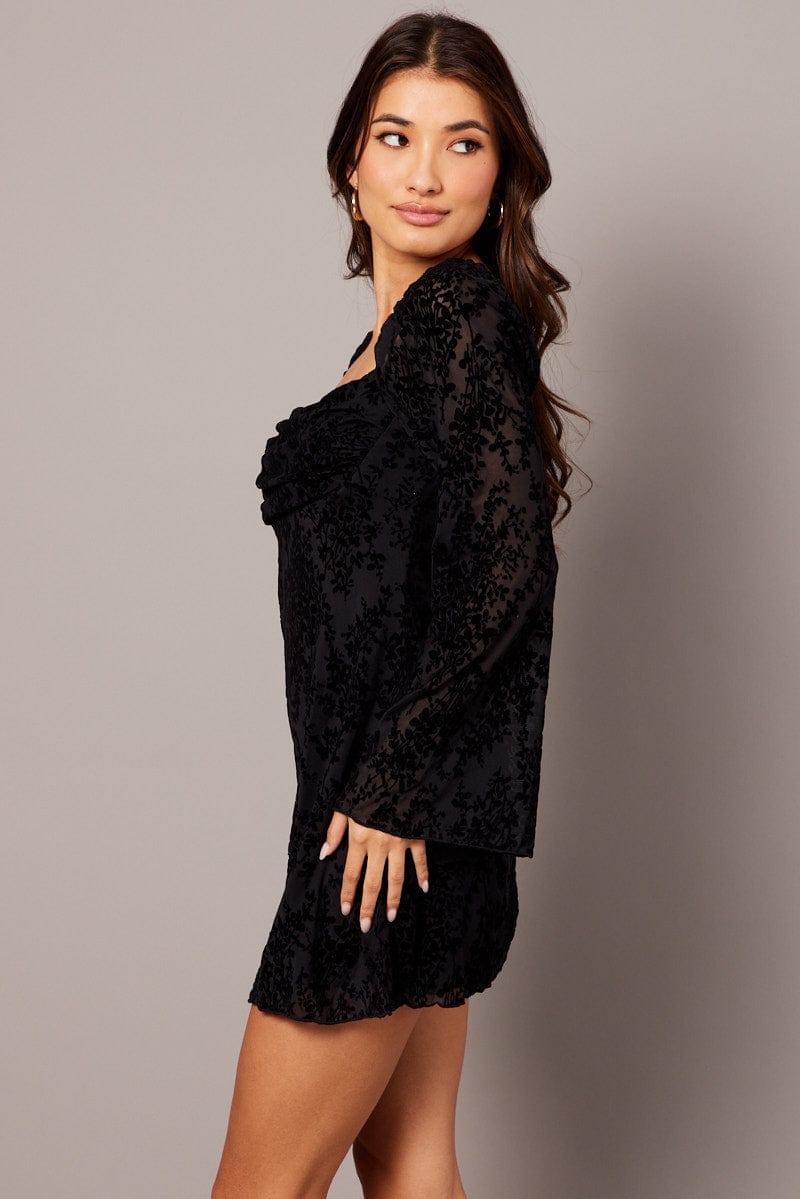 Black Mini Dress Long Sleeve Burnout