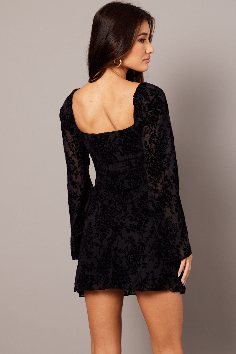 Black Mini Dress Long Sleeve Burnout