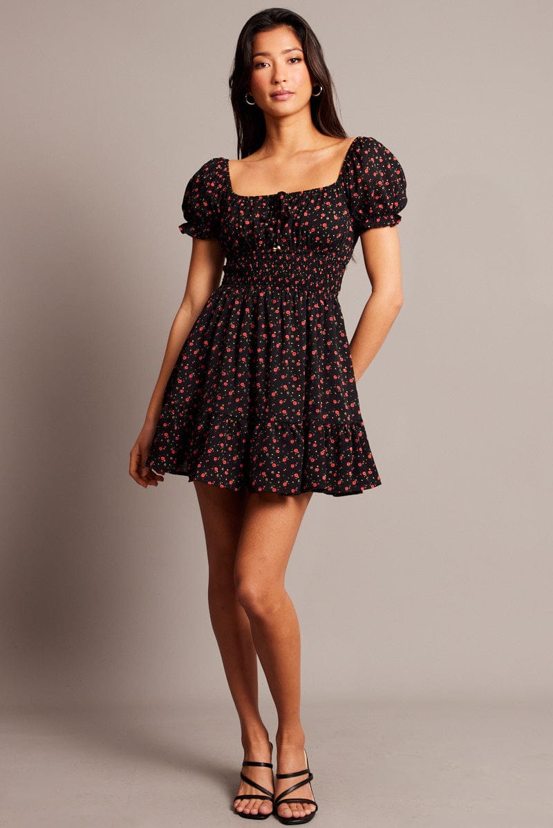 Black Ditsy Fit And Flare Dress Mini