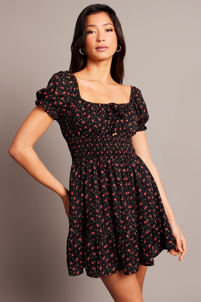 Black Ditsy Fit And Flare Dress Mini