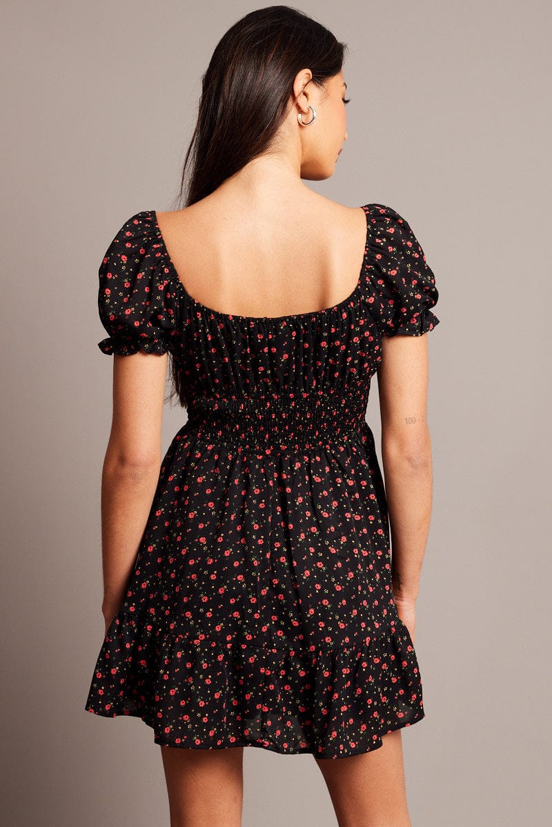 Black Ditsy Fit And Flare Dress Mini