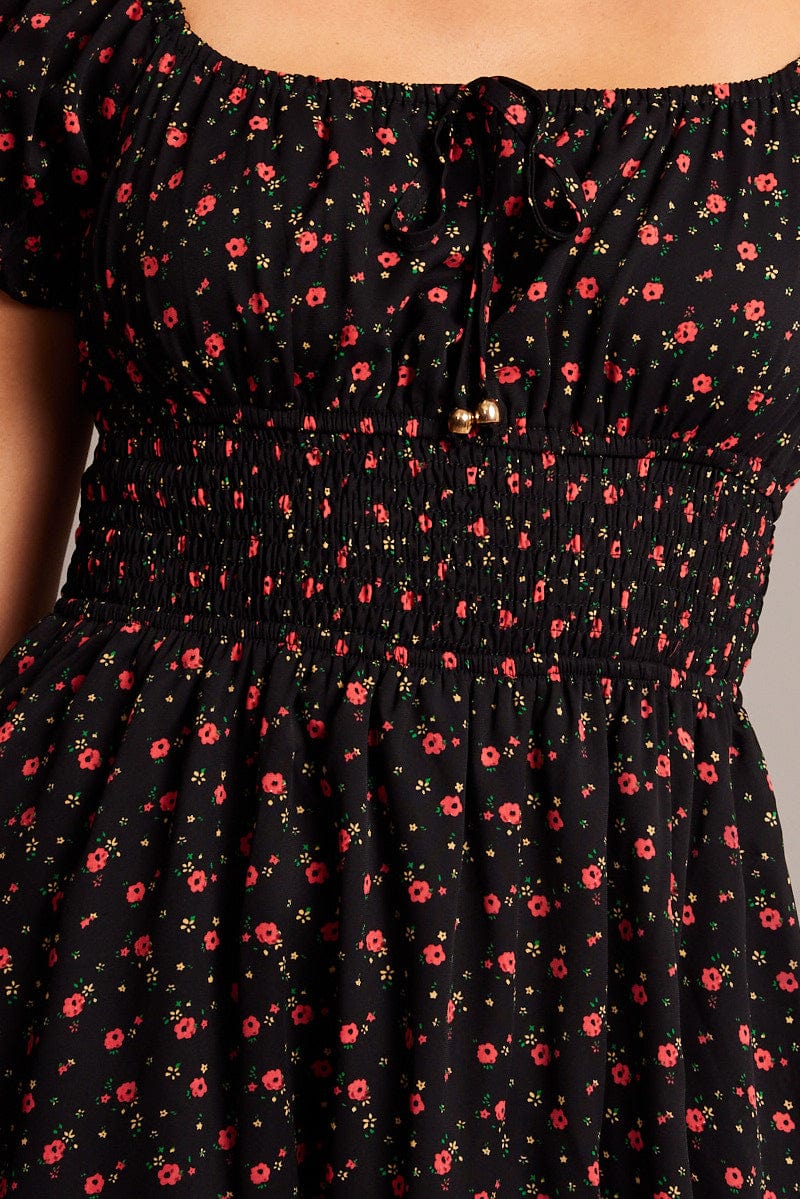 Black Ditsy Fit And Flare Dress Mini