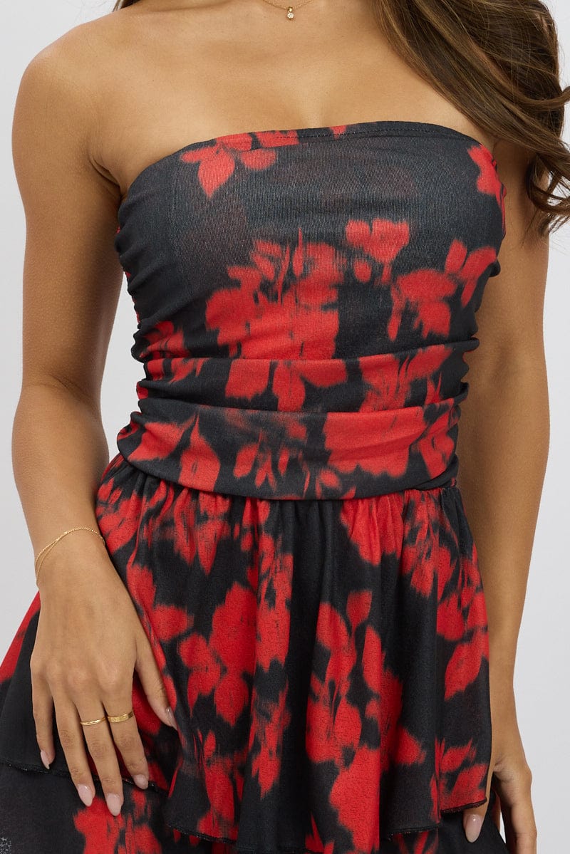Black Floral Strapless Dress Mini