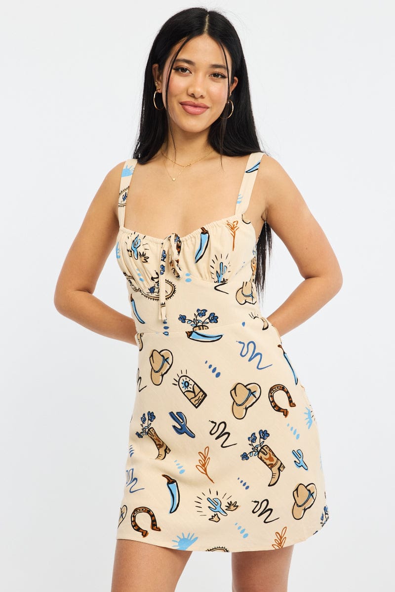 Beige Abstract Mini Dress Sleeveless