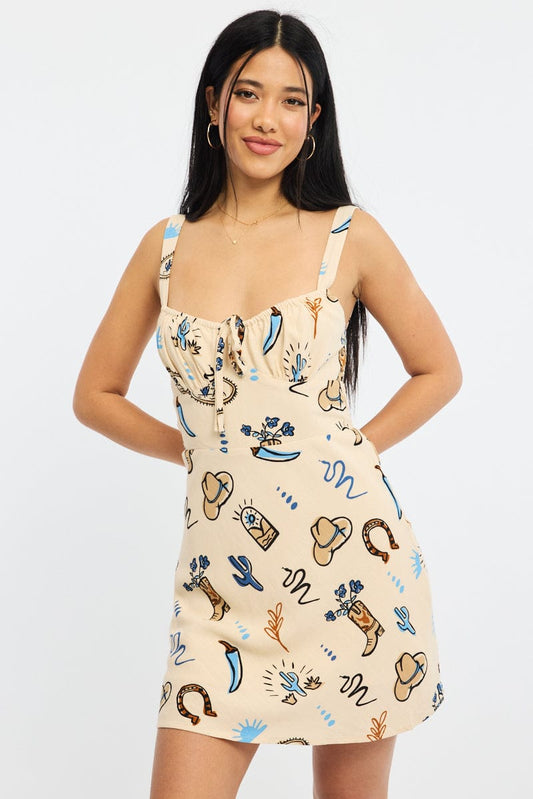 Beige Abstract Mini Dress Sleeveless