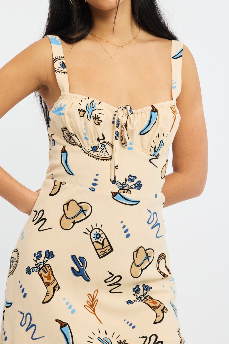 Beige Abstract Mini Dress Sleeveless